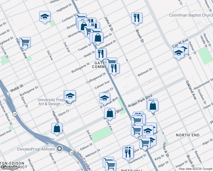 map of restaurants, bars, coffee shops, grocery stores, and more near 42 Glynn Court in Detroit