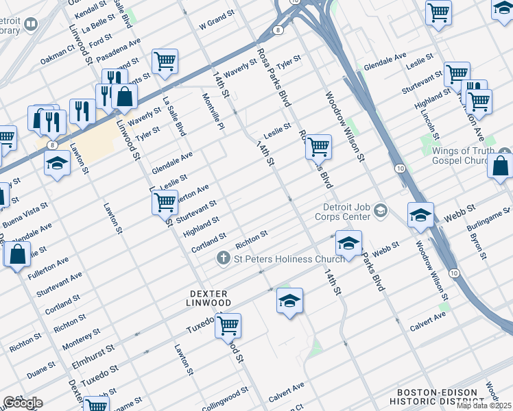 map of restaurants, bars, coffee shops, grocery stores, and more near 2330 Cortland Street in Detroit