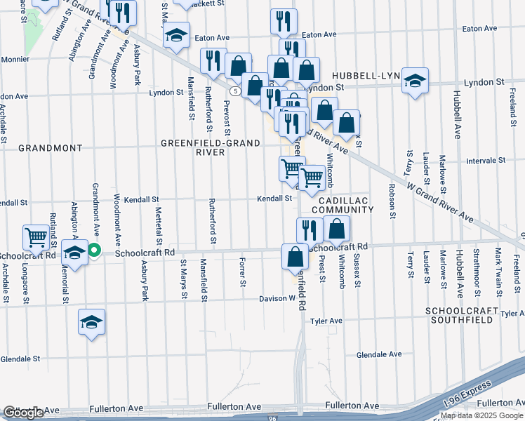 map of restaurants, bars, coffee shops, grocery stores, and more near 14003 Montrose Street in Detroit