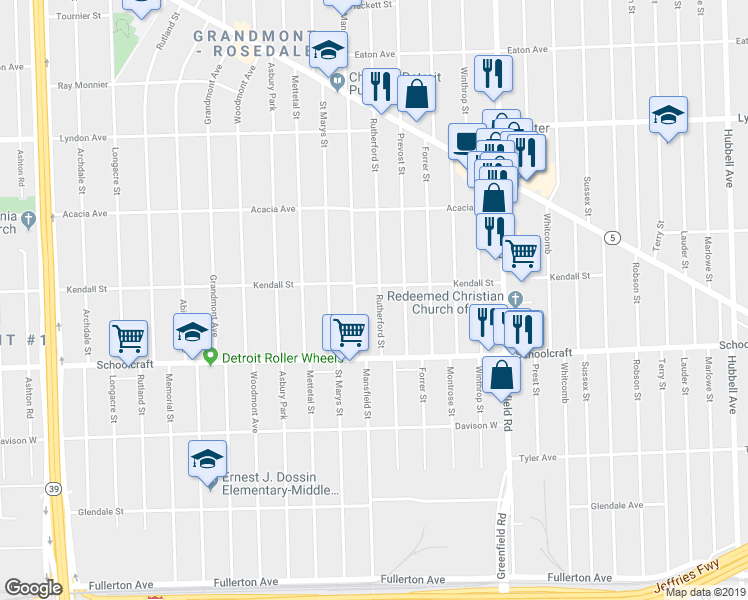 map of restaurants, bars, coffee shops, grocery stores, and more near 14000 Rutherford Street in Detroit