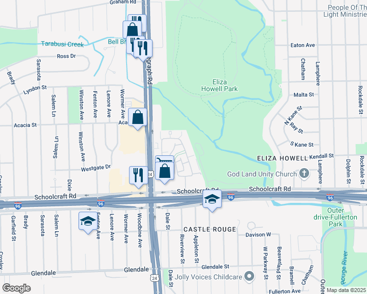 map of restaurants, bars, coffee shops, grocery stores, and more near 14075 Riverview Street in Detroit