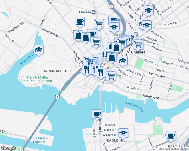 map of restaurants, bars, coffee shops, grocery stores, and more near 29 Williams Street in Chelsea