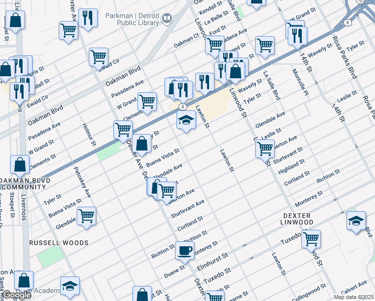 map of restaurants, bars, coffee shops, grocery stores, and more near 3029 Buena Vista Street in Detroit