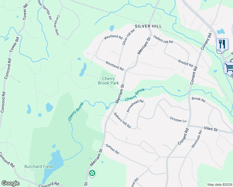 map of restaurants, bars, coffee shops, grocery stores, and more near 4 Cherry Brook Road in Weston