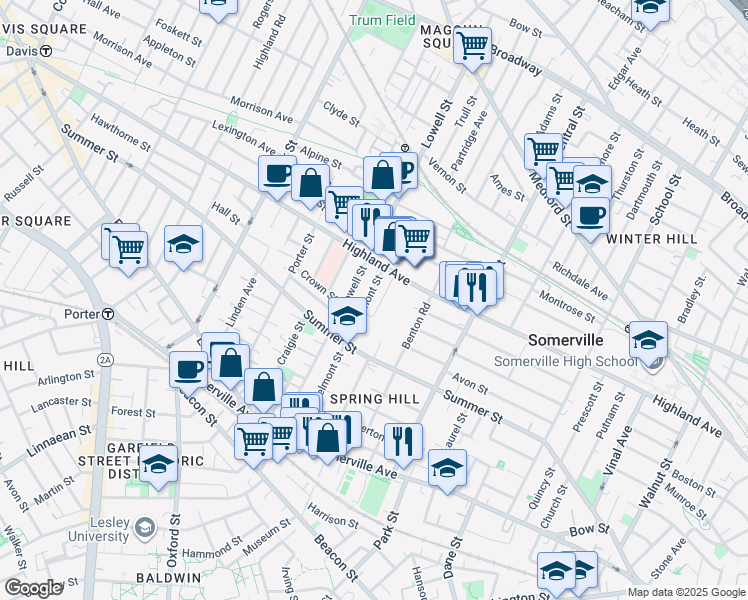 map of restaurants, bars, coffee shops, grocery stores, and more near 95 Belmont Street in Somerville