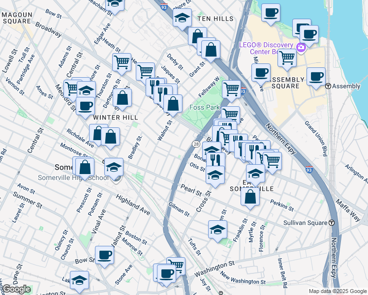 map of restaurants, bars, coffee shops, grocery stores, and more near in Somerville