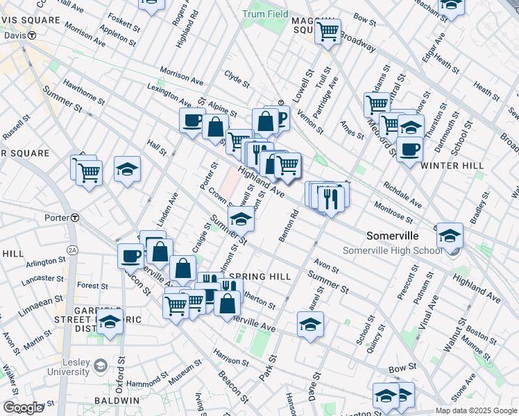 map of restaurants, bars, coffee shops, grocery stores, and more near 16 Spring Hill Terrace in Somerville
