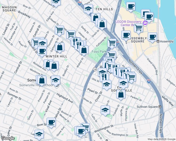 map of restaurants, bars, coffee shops, grocery stores, and more near 59 Bonair Street in Somerville