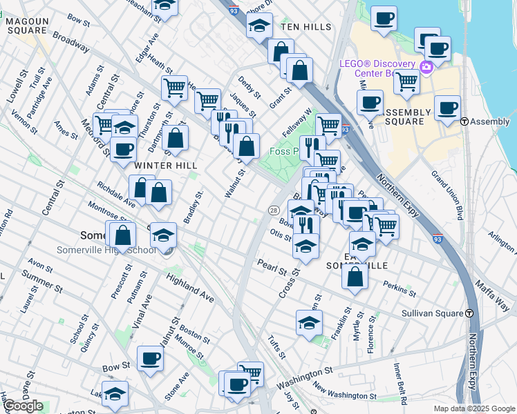 map of restaurants, bars, coffee shops, grocery stores, and more near in Somerville