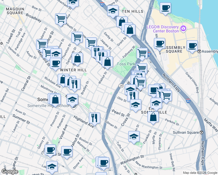 map of restaurants, bars, coffee shops, grocery stores, and more near 39 Wigglesworth Street in Somerville