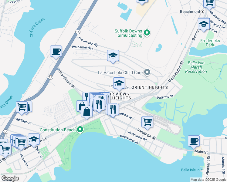 map of restaurants, bars, coffee shops, grocery stores, and more near 35 Ashley Street in Boston