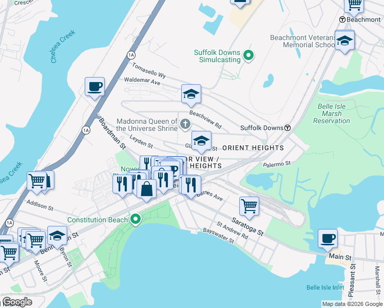 map of restaurants, bars, coffee shops, grocery stores, and more near in Boston