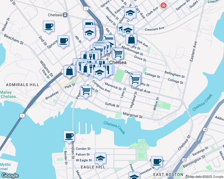 map of restaurants, bars, coffee shops, grocery stores, and more near 54 Shawmut Street in Chelsea