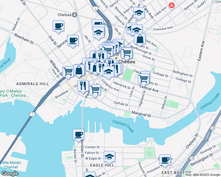 map of restaurants, bars, coffee shops, grocery stores, and more near 53 Essex Street in Chelsea