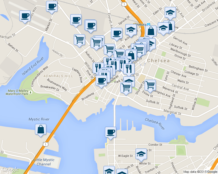 map of restaurants, bars, coffee shops, grocery stores, and more near 29 Williams Street in Chelsea