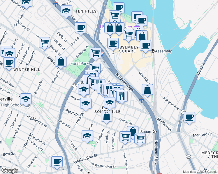 map of restaurants, bars, coffee shops, grocery stores, and more near 24 Michigan Avenue in Somerville