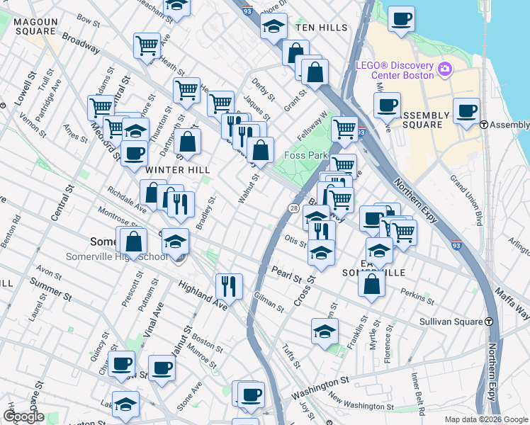 map of restaurants, bars, coffee shops, grocery stores, and more near 39 Wigglesworth Street in Somerville