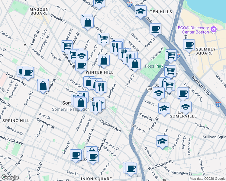 map of restaurants, bars, coffee shops, grocery stores, and more near 19 Bradley Street in Somerville