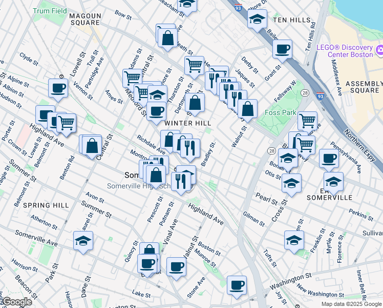 map of restaurants, bars, coffee shops, grocery stores, and more near 94 Marshall Street in Somerville
