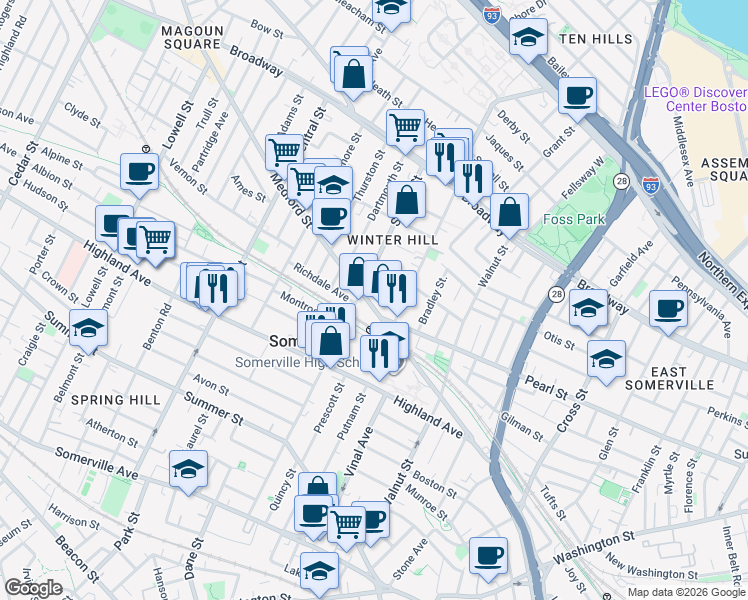 map of restaurants, bars, coffee shops, grocery stores, and more near in Somerville