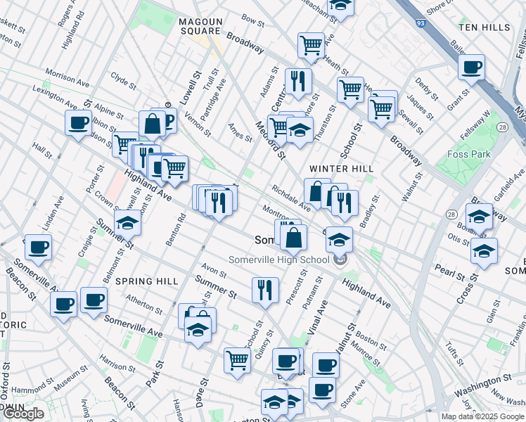 map of restaurants, bars, coffee shops, grocery stores, and more near 37 Madison Street in Somerville