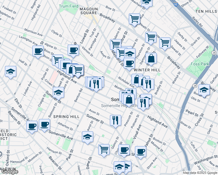 map of restaurants, bars, coffee shops, grocery stores, and more near 14 Sycamore Street in Somerville