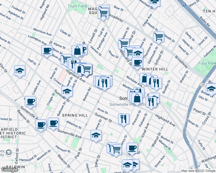 map of restaurants, bars, coffee shops, grocery stores, and more near 149a Highland Avenue in Somerville
