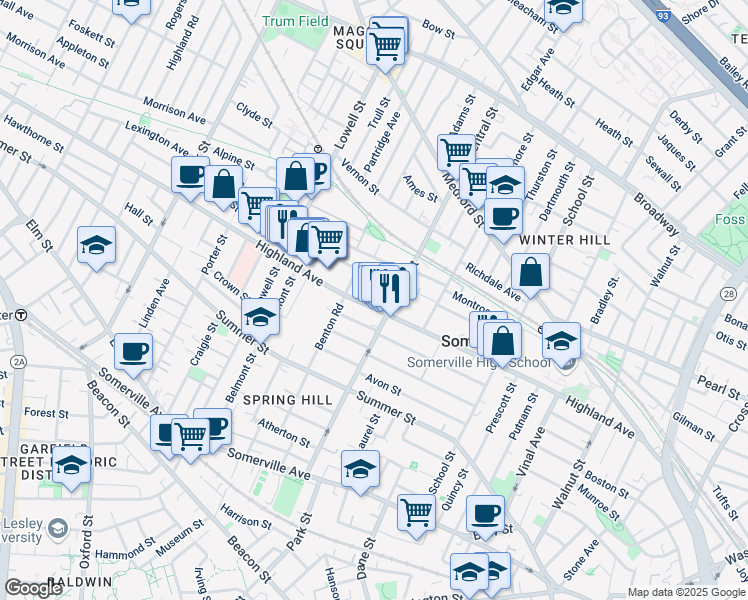 map of restaurants, bars, coffee shops, grocery stores, and more near 164 Highland Avenue in Somerville