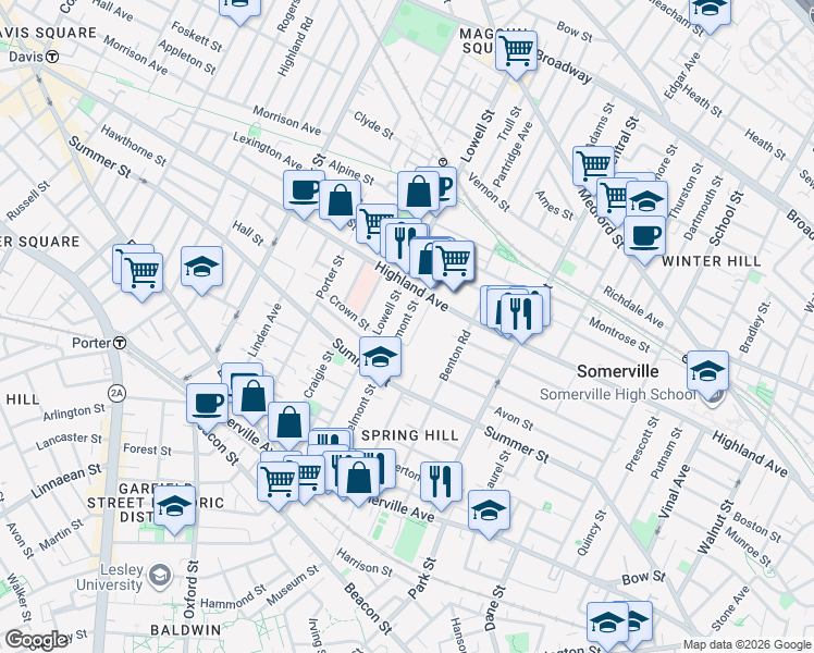 map of restaurants, bars, coffee shops, grocery stores, and more near 16 Spring Hill Terrace in Somerville