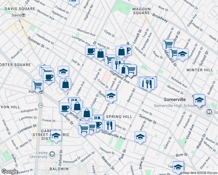 map of restaurants, bars, coffee shops, grocery stores, and more near 121 Lowell Street in Somerville