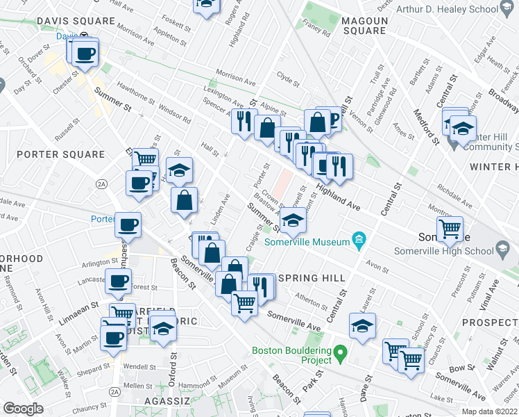 map of restaurants, bars, coffee shops, grocery stores, and more near 215 Summer Street in Somerville