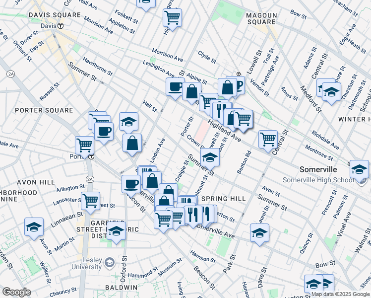 map of restaurants, bars, coffee shops, grocery stores, and more near 215 Summer Street in Somerville