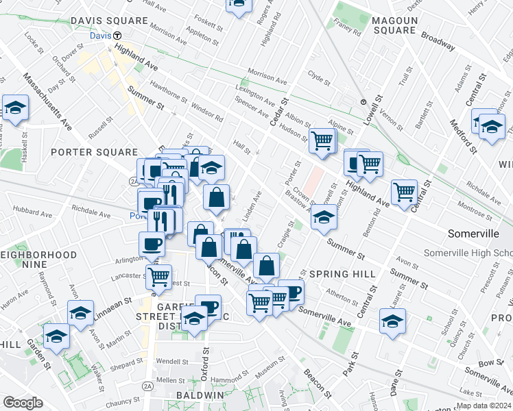 map of restaurants, bars, coffee shops, grocery stores, and more near 29a Linden Avenue in Somerville