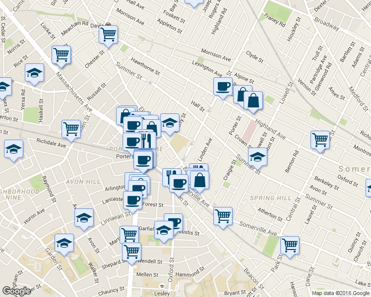 map of restaurants, bars, coffee shops, grocery stores, and more near in Somerville