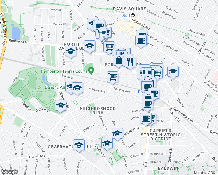 map of restaurants, bars, coffee shops, grocery stores, and more near 77 Walden Street in Cambridge