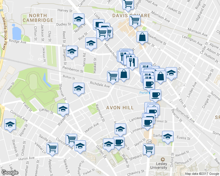 map of restaurants, bars, coffee shops, grocery stores, and more near 77 Walden Street in Cambridge