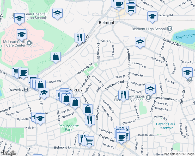 map of restaurants, bars, coffee shops, grocery stores, and more near 28 Upland Road in Belmont