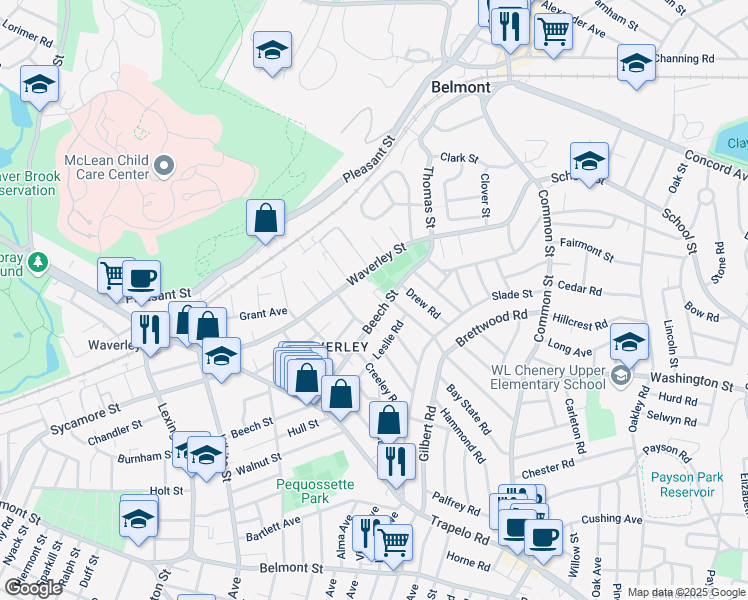 map of restaurants, bars, coffee shops, grocery stores, and more near 235 Beech Street in Belmont