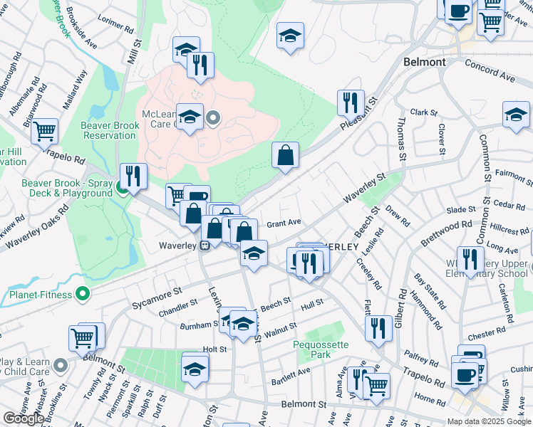map of restaurants, bars, coffee shops, grocery stores, and more near 32 Grant Avenue in Belmont