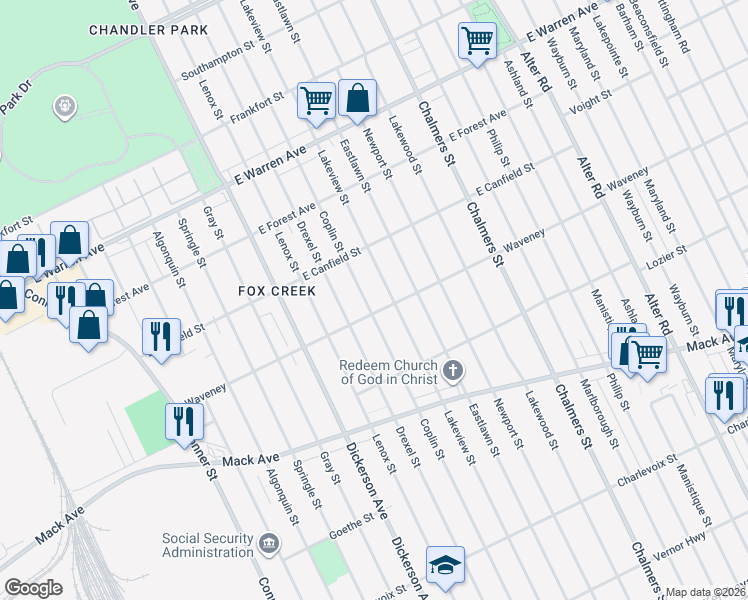 map of restaurants, bars, coffee shops, grocery stores, and more near 4308 Coplin Street in Detroit
