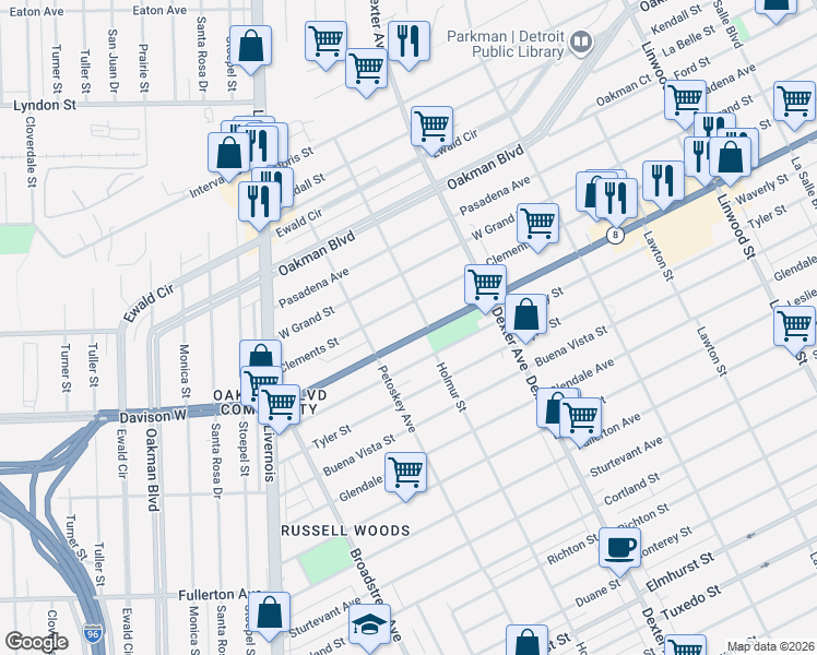 map of restaurants, bars, coffee shops, grocery stores, and more near 4066 West Davison in Detroit
