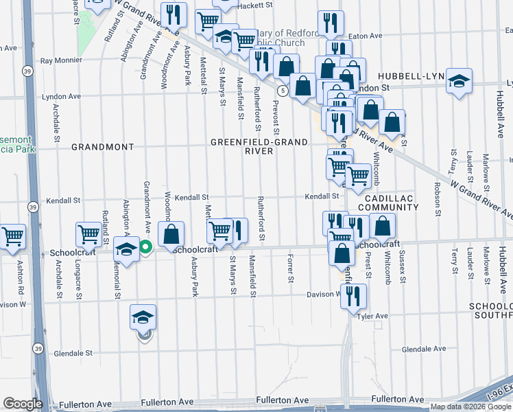 map of restaurants, bars, coffee shops, grocery stores, and more near 14000 Rutherford Street in Detroit