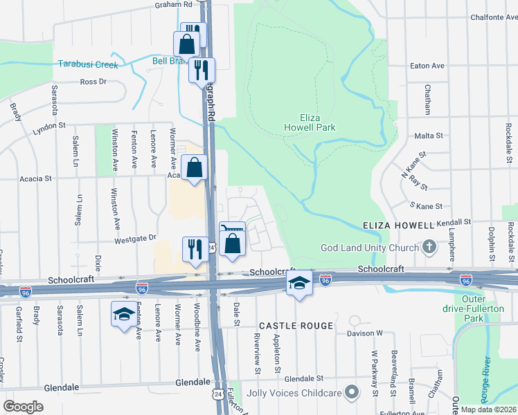 map of restaurants, bars, coffee shops, grocery stores, and more near 14075 Riverview Street in Detroit