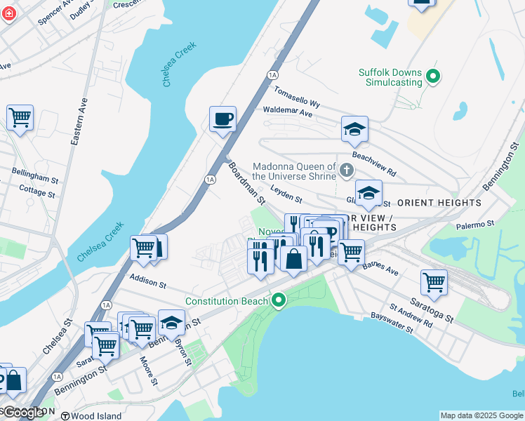 map of restaurants, bars, coffee shops, grocery stores, and more near 86 Boardman Street in Boston
