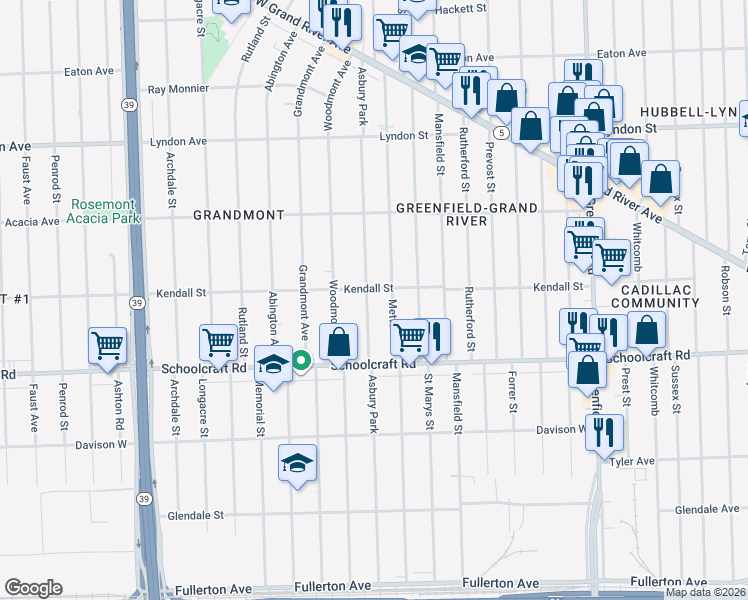 map of restaurants, bars, coffee shops, grocery stores, and more near 14040 Asbury Park in Detroit