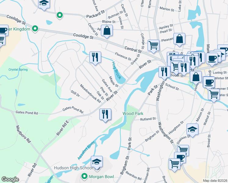 map of restaurants, bars, coffee shops, grocery stores, and more near 117 River Street in Hudson