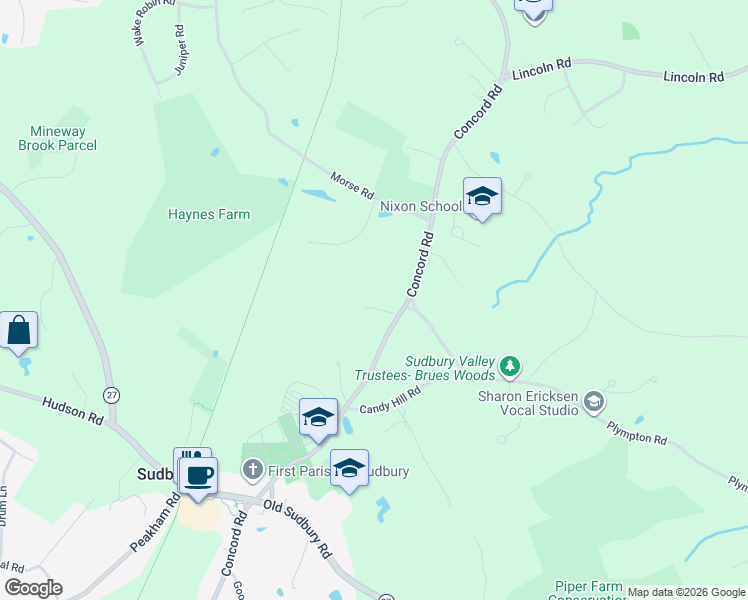 map of restaurants, bars, coffee shops, grocery stores, and more near 427 Concord Road in Sudbury