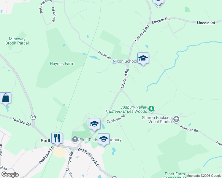 map of restaurants, bars, coffee shops, grocery stores, and more near 427 Concord Road in Sudbury