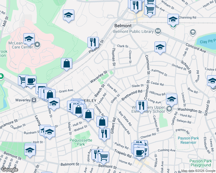 map of restaurants, bars, coffee shops, grocery stores, and more near 28 Upland Road in Belmont