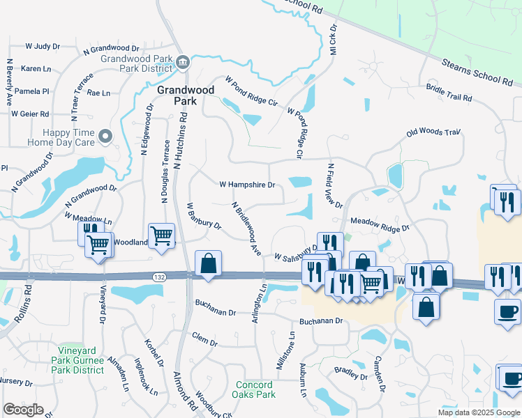 map of restaurants, bars, coffee shops, grocery stores, and more near 17913 West Elsbury Street in Gurnee